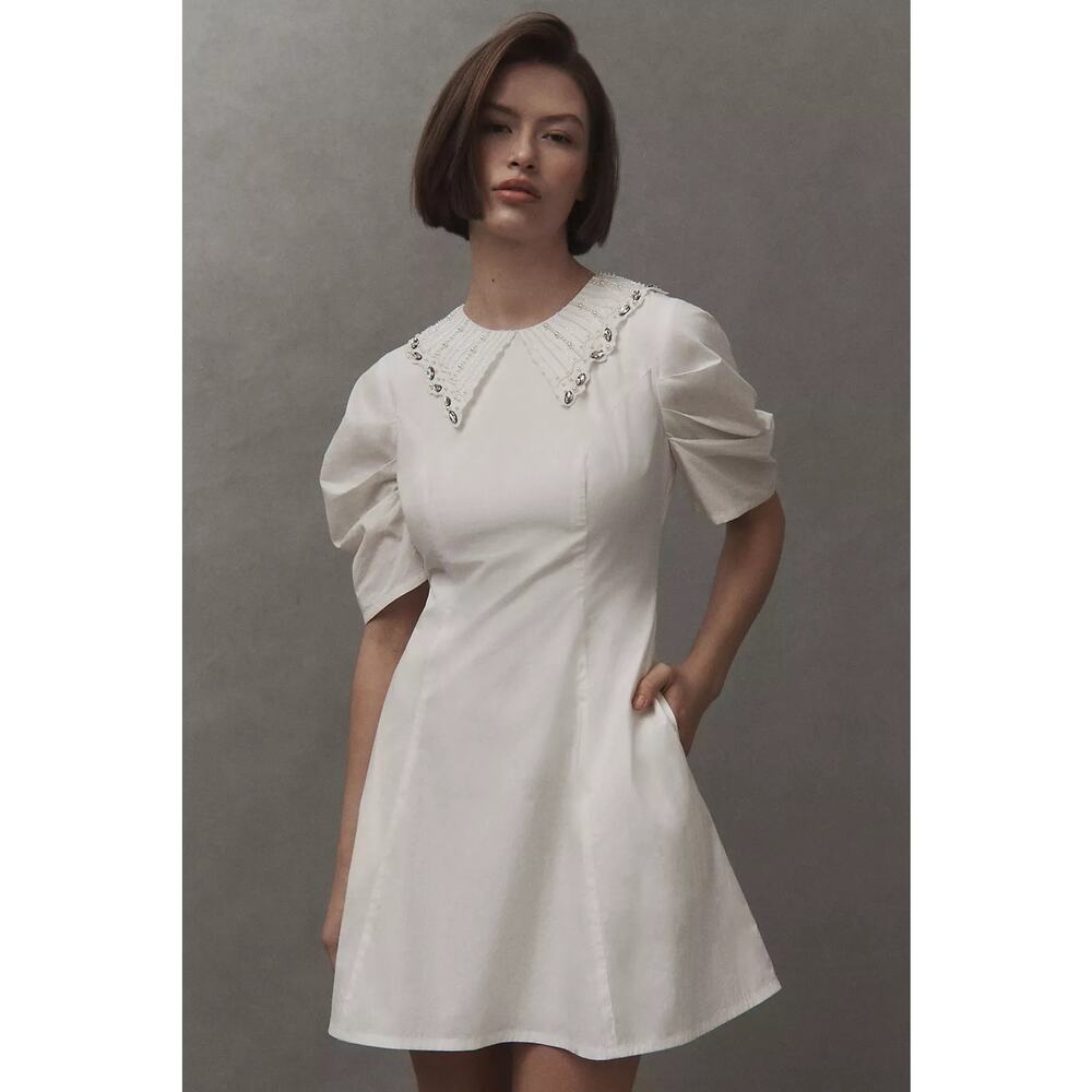 Anthropologie BHLDN Pearl Crystal Collar Puff Sleeve Ivory Mini Dress M